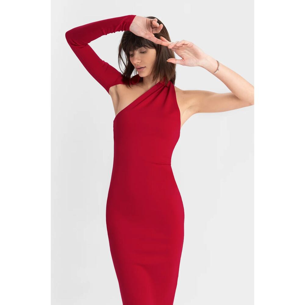 Marcella NYC Manhattan One Shoulder Midi Dress Red Halter Neck Open Back  SZ M